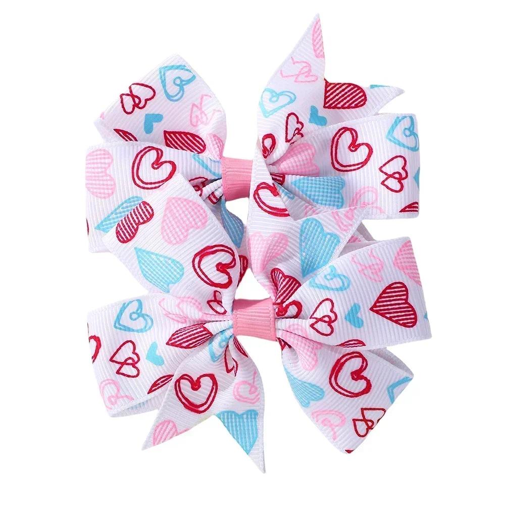 

2 шт./набор Заколки для волос с бантами с принтом ко Дню святого Валентина для девочек, детей, розовая лента, детские банты, зажим, праздничные аксессуары для волос