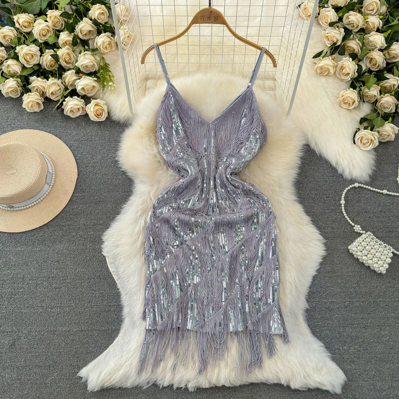 

Fashion Costume Sequin Sling Tassel Latin Dance Skirt Silver Gray All yards