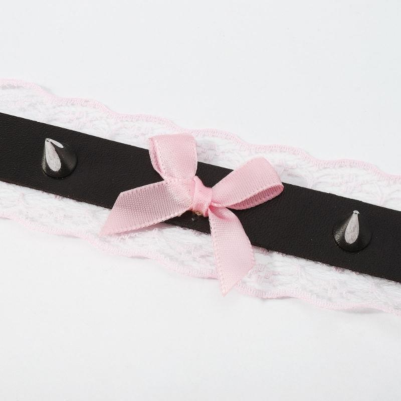 Lace Bowknot PU Pendant Short Necklace for Women Trend Cosplay Clavicle Choker Adjustable Collar Girls Party Jewelry