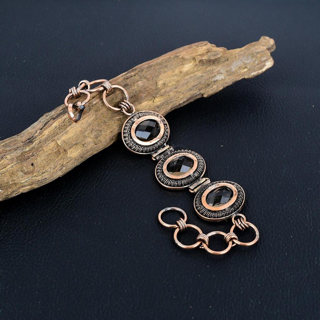 Smokey Topaz Bracelet, 999 Copper Wire Wrapped Jewelry, Gemstone Bracelet Whit Adjustable Chain Gift For Her, Handmade Dainty Jewelry