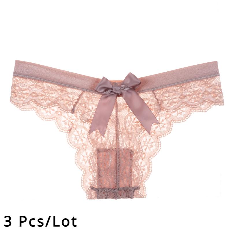 3 Pcs/Lot Women's Lace Bow Thongs Sexy Low Waist Panties Underpants