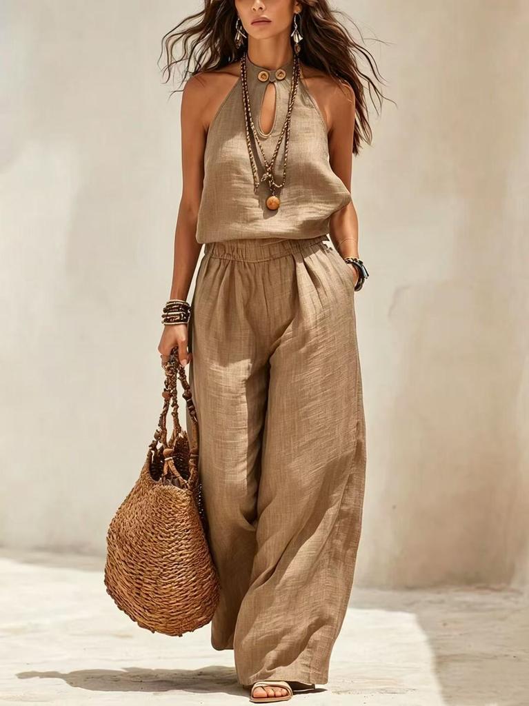 New summer European and American cross-border independent station Amazon women's wide-leg fashion cotton and linen sleeveless neck jumpsuit