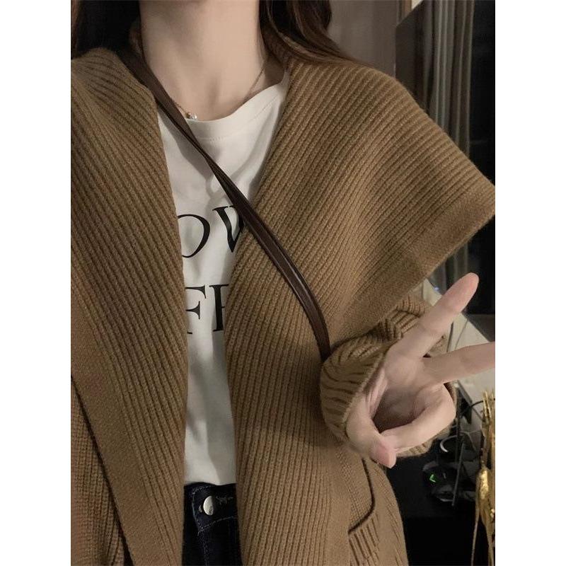 Thickened large sweater jacket women's autumn and winter medium and long loose lazy style retro knitted cardigan new