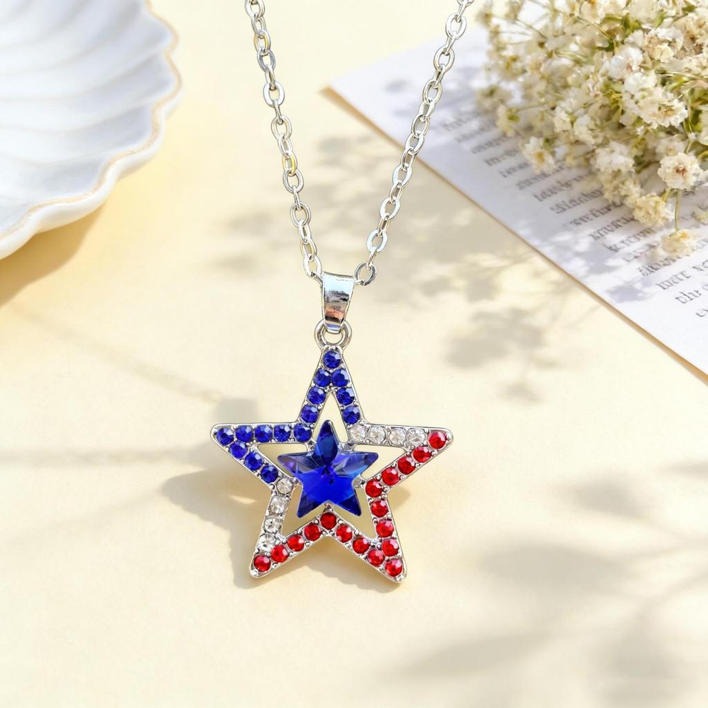 US Independence Day Rhinestone Flag Pendant Necklace - Red, White, Blue