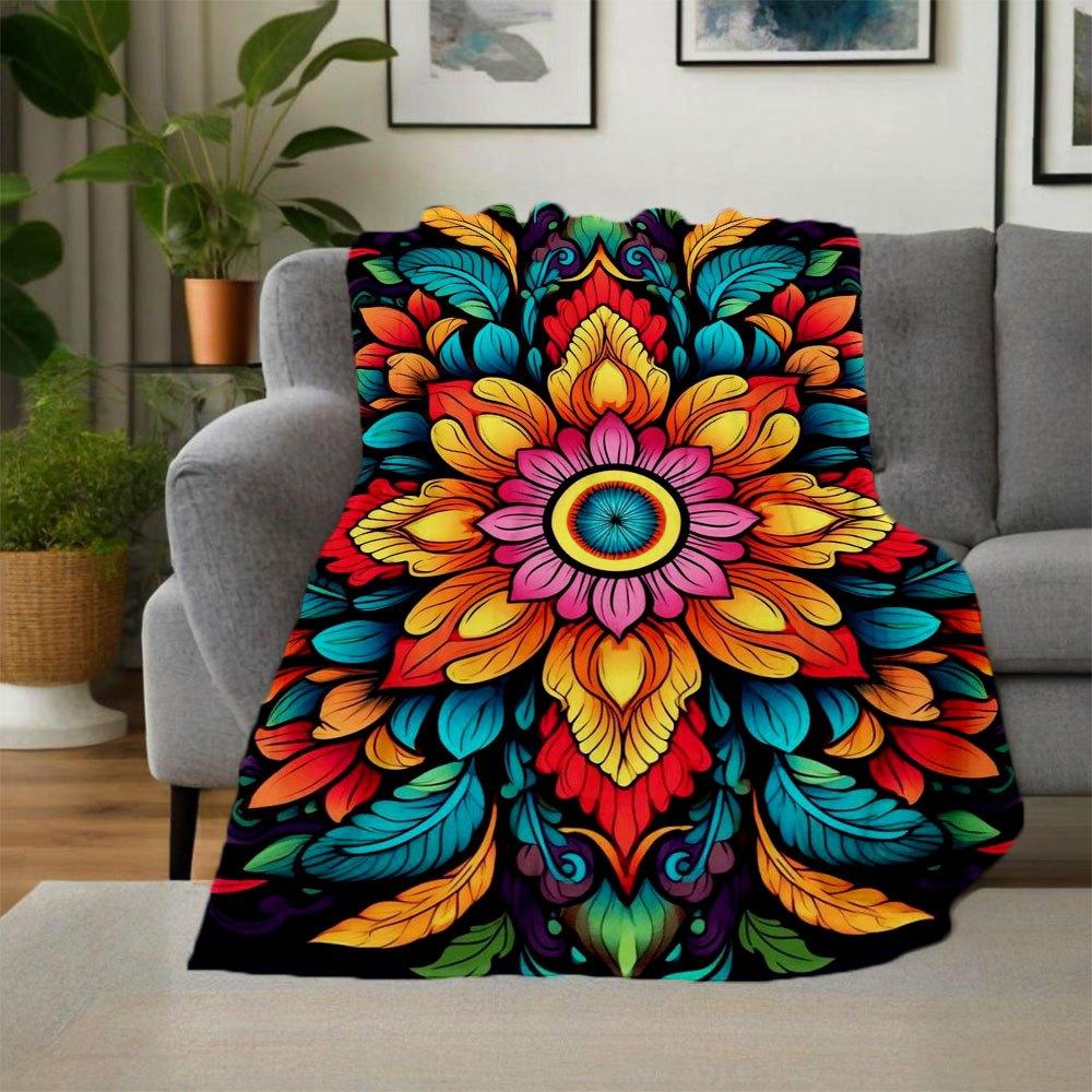 "Vibrant Mandala Art Print: Colorful Floral Design for Home Decor"Blanket Flannel Throw Blanket for Sofa, Bed, Travel, Camping, Office, Couc