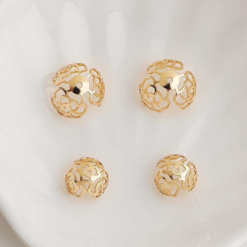 14K Gold Plated Colorfast Hollow Rose Petal Pearl Tray Cap for DIY Jewelry