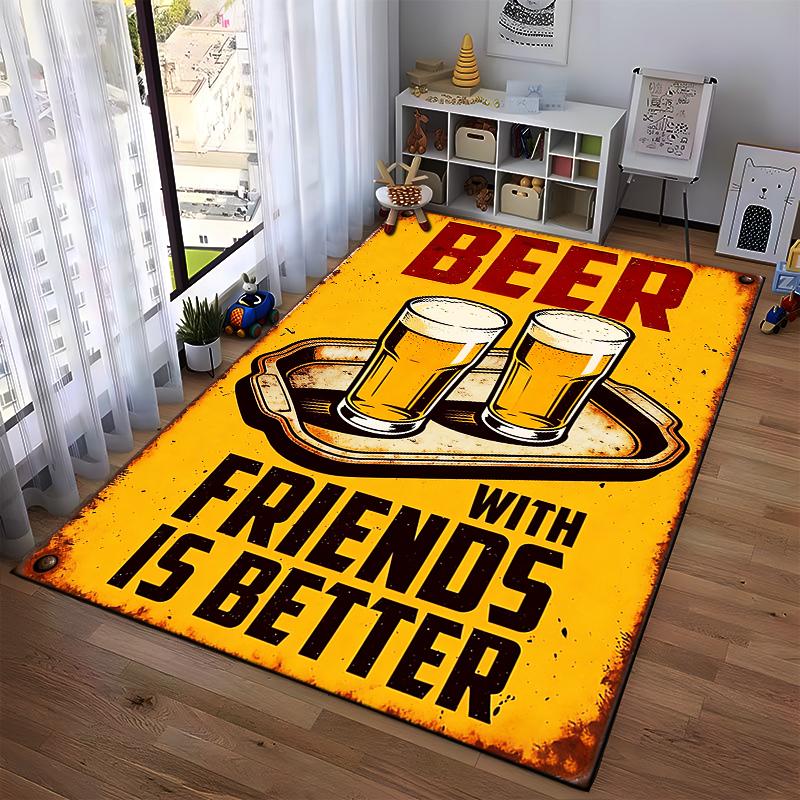 Beer Theme Carpet with Two Glasses and Friends Quote Design Suitable for Use As an Anti-slip for Living Room Bedroom Sofas