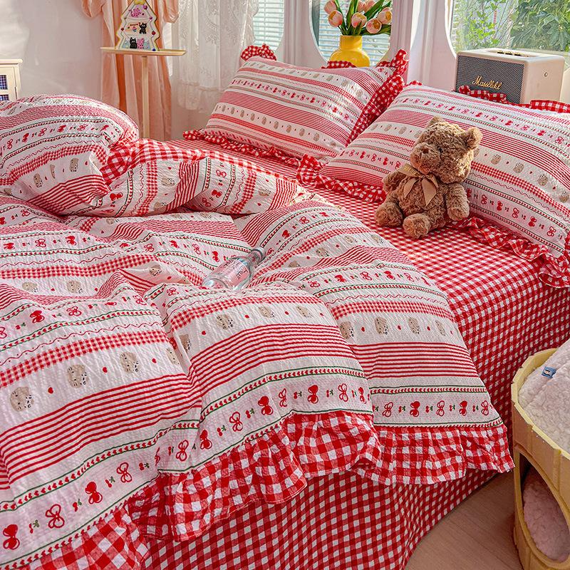 Spring/Summer Kids' Cotton Lace Duvet & Sheet Set - Korean Style, A-Grade, Puffy, 3-Piece