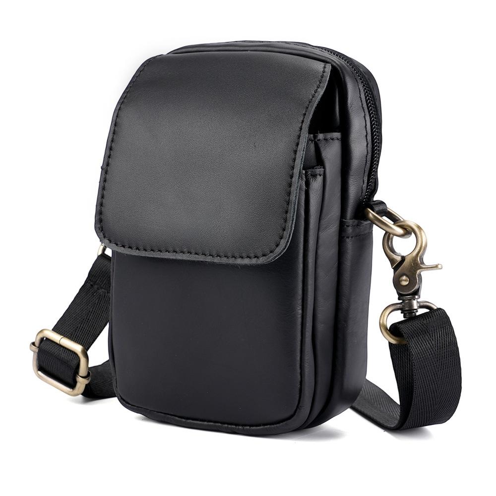 Cowhide Leather Waist Bag, Men's Student Sports Outdoor Backpack, Small, Simple, Lightweight, Small Crossbody, Black