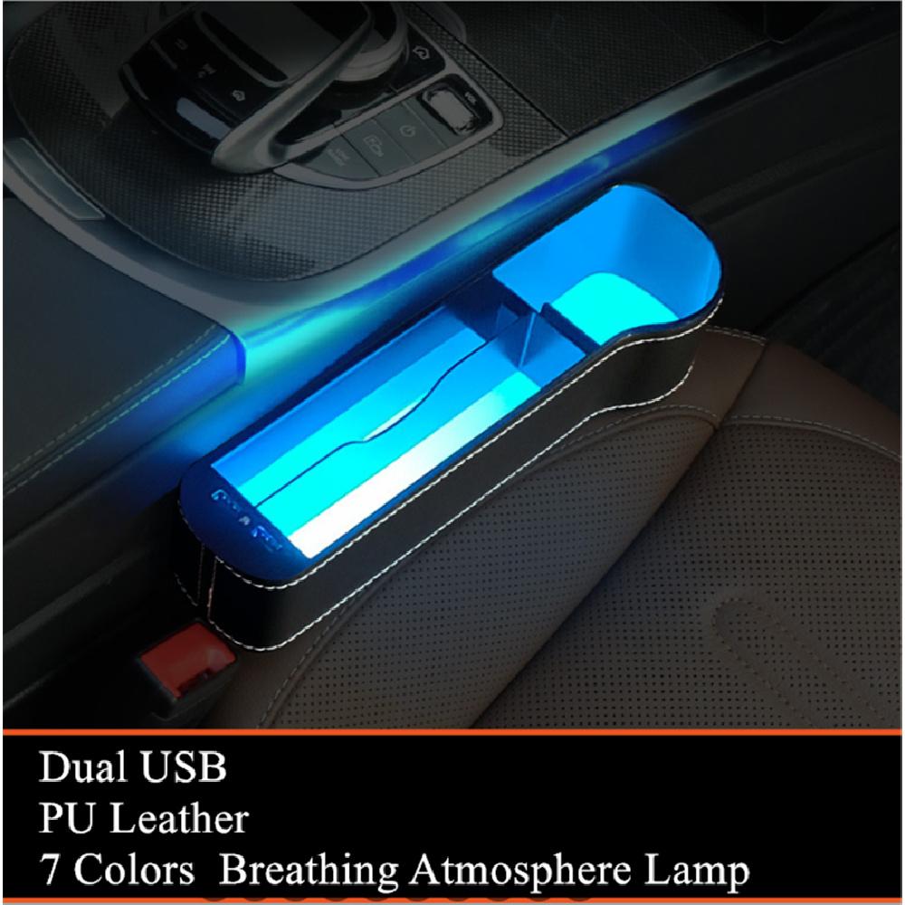 Pair 7Colors Led Atmosphere Light Car Seat Crevice Storage Box Usb Charging Port