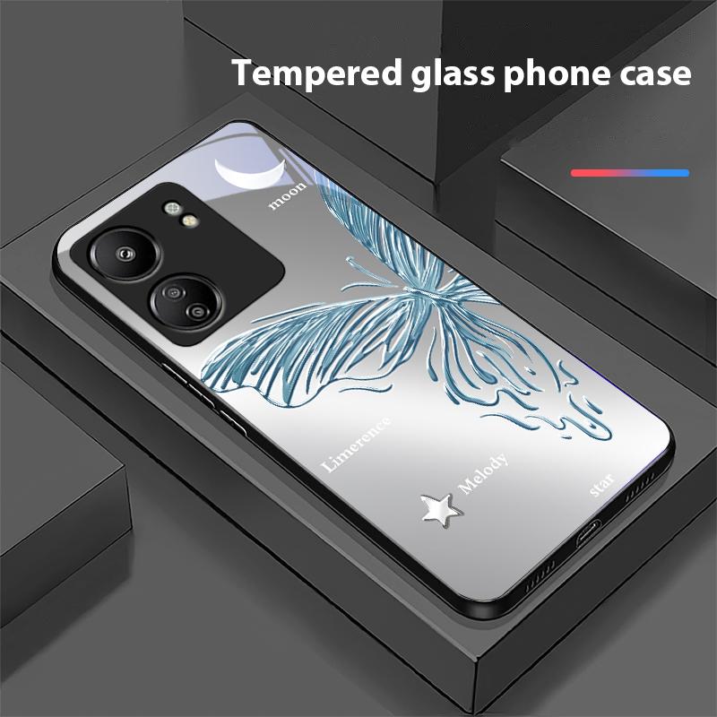 Metallic Butterfly For Xiaomi Redmi 13C Note13 12 Pro Plus 5G Note 9 13T Pro POCO X6 F5 F6 Black Tempered Glass Phone Case