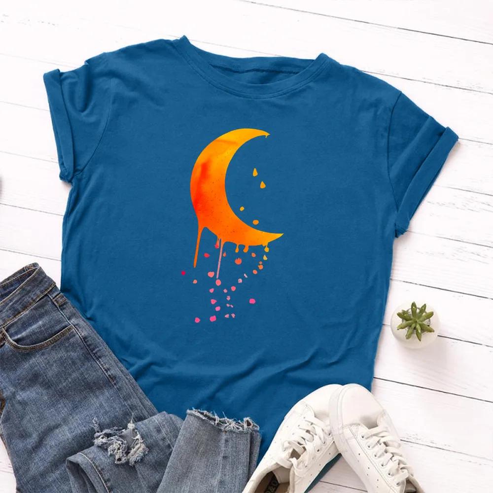 Orange Moon Print T Shirt Women Short Sleeve O Neck Loose Tshirt Summer Women Tee Shirt Tops Camisetas Mujer