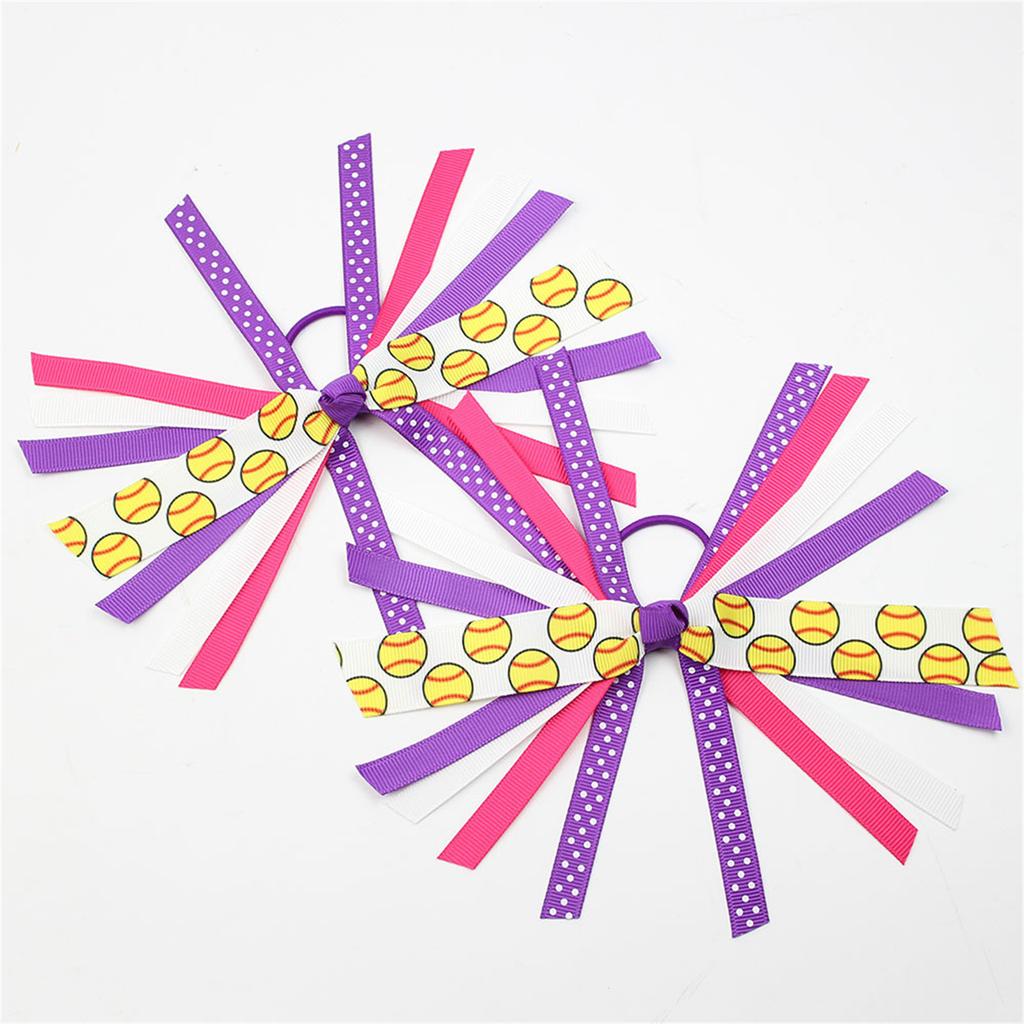 2Pcs Softball Hair Ties for Girls with Colorful Ribbon and Streamer Elastics Scrunchies Hair Accesories Ponytail Holder