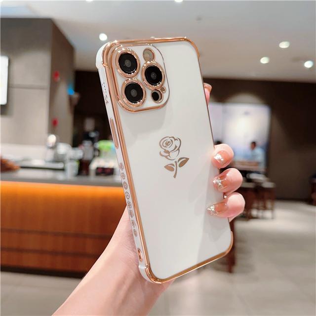 Luxus Vergoldung Rose Blume Bumper Handyhülle Für iPhone 11 12 13 Mini 14 15 Pro X XR Xs Max SE2 SE3 Schutzhülle Auf 14 Plus