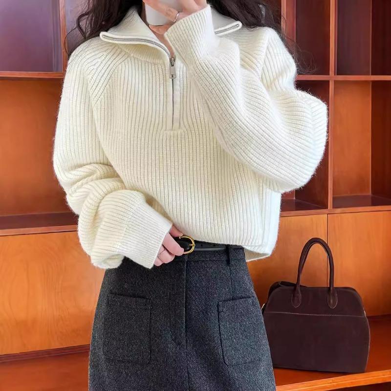 Autumn Winter Half High Collar Zipper Pullover Sweater Women Solid Color Casual All-match Knitting Top