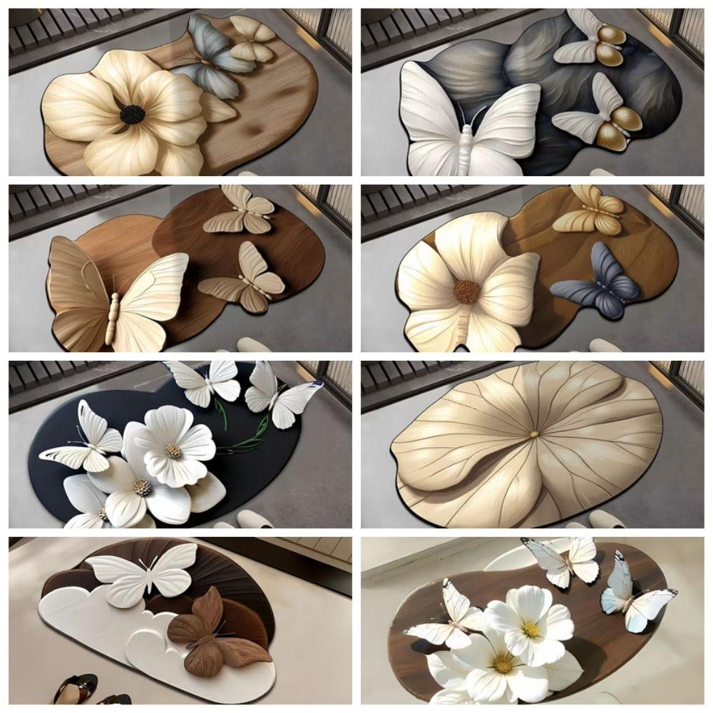 Saugfähige Badezimmermatten 3D Realistische Fußmatte Blume Schmetterling Badematte für Badezimmer Schlafzimmer