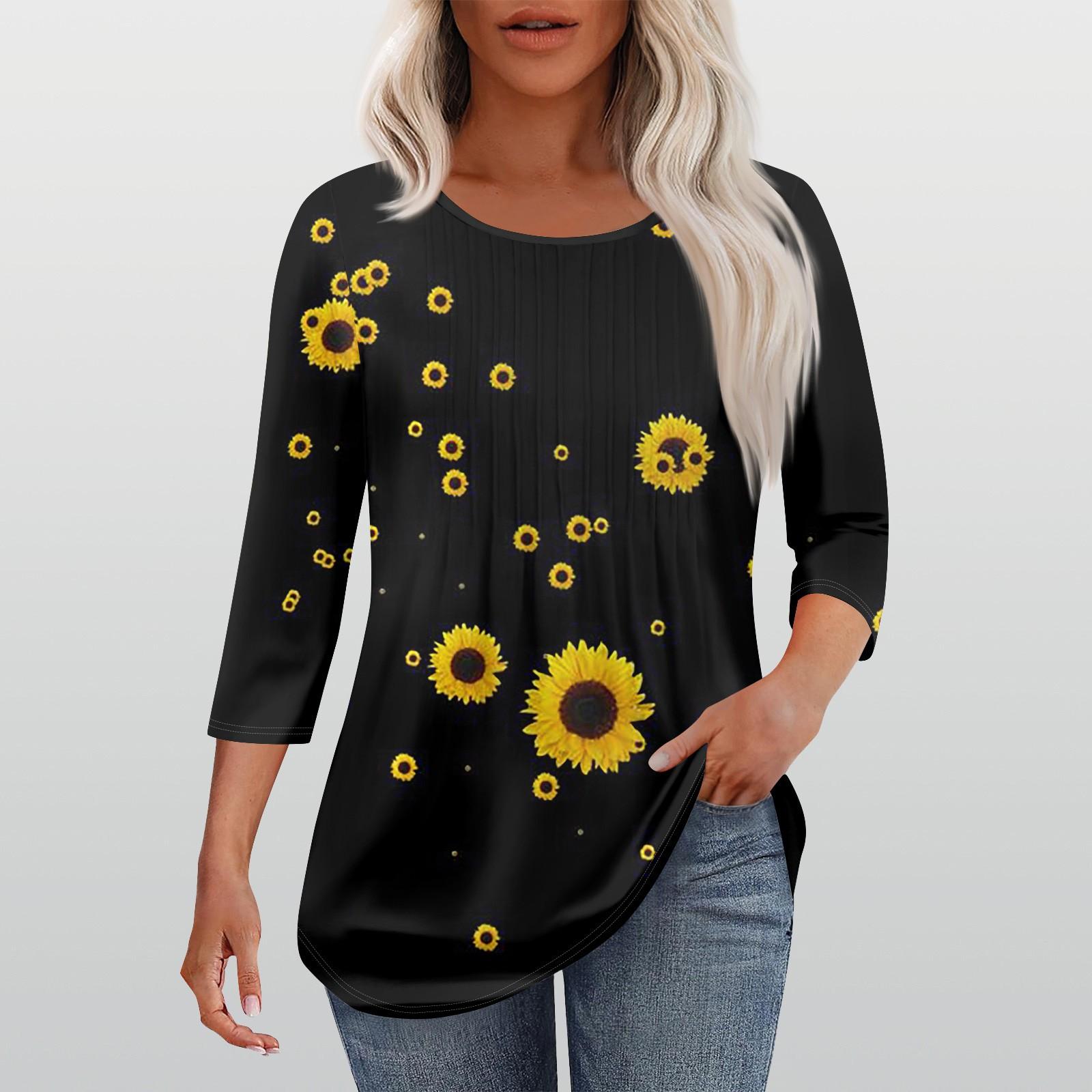 

Рубашки с рукавом 3/4 для женщин, модные, повседневные, с круглым вырезом, с принтом, футболка, топ L чёрный