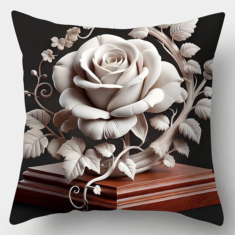 Three-Dimensional Rose Pattern Square Polyester Pillowcase Sofa Living Room Cushion Cover Bedroom Bedside Pillow Cover