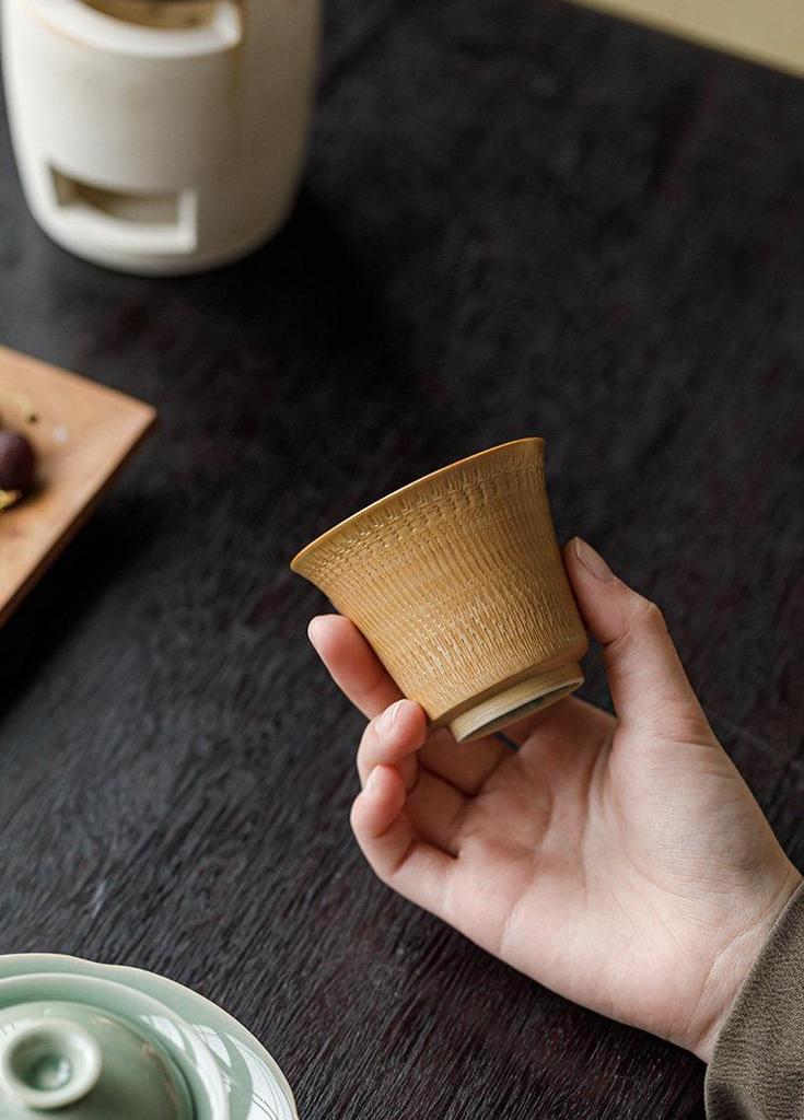 Guanlan Yue Celadon Four Beauties Tea Cup: Ceramic Shadow Carved Personal Tasting Cup