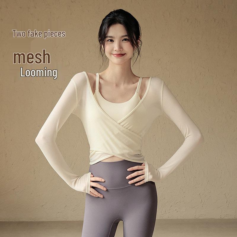 Women's Mesh Two-Piece Yoga Top with Chest Pads - Slimming, Versatile for Pilates and Fitness.