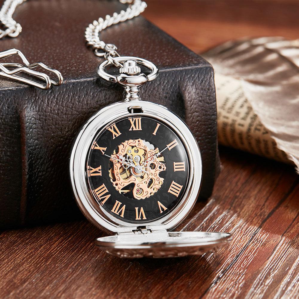 Black Hollow Perspective Mirror Glossy Automatic Mechanical Large Pocket Watch Retro Gift Watch