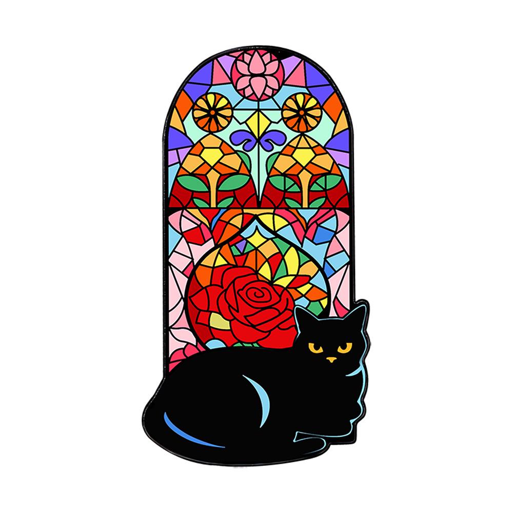 Black cat whispering under colored windows Theme badge Personality creative animal cat cute brooch Clothes accessories