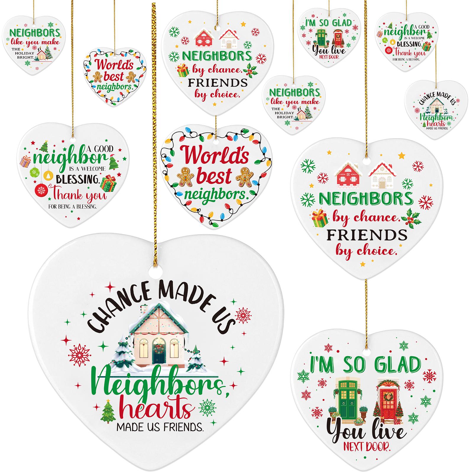 12 Set Neighbor Gifts Ceramic Christmas Best Neighbor Ornament Gift With Rope Xmas Tree Decorations Heart-Shaped Hanging Housewa бежевый