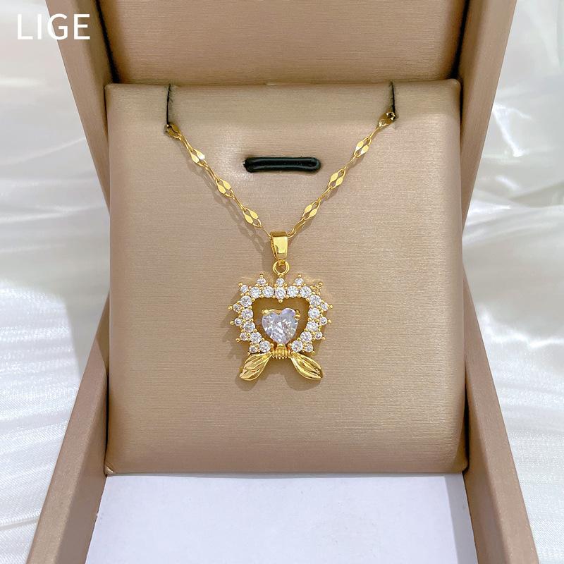 Love Bow Light Luxury Temperament Gorgeous Full Diamond Necklace Women'S Versatile Collarbone Chain Titanium Steel Chain