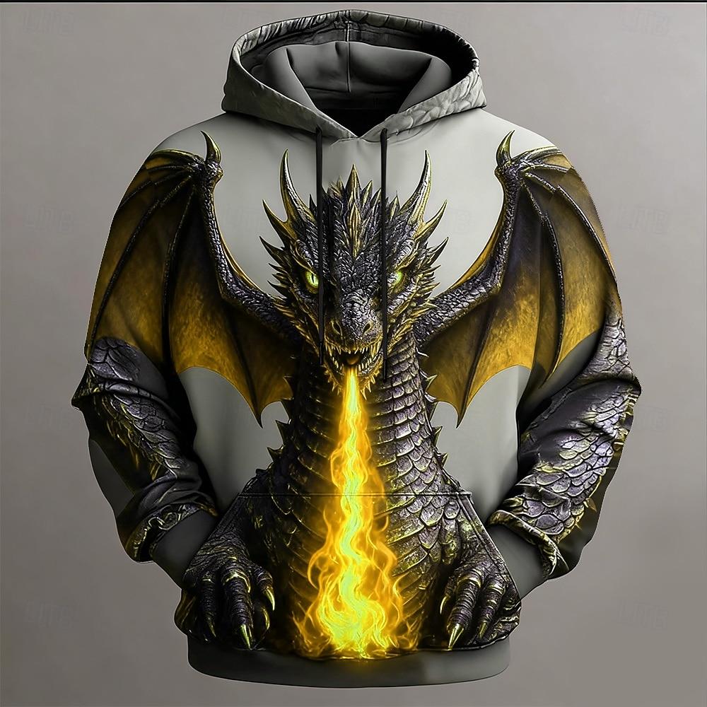 Men's Dragon 3D Hoodie Sweatshirt Cool Party Crew Neck Club Streetwear Yellow Red Drawstring Fall Winter Designer