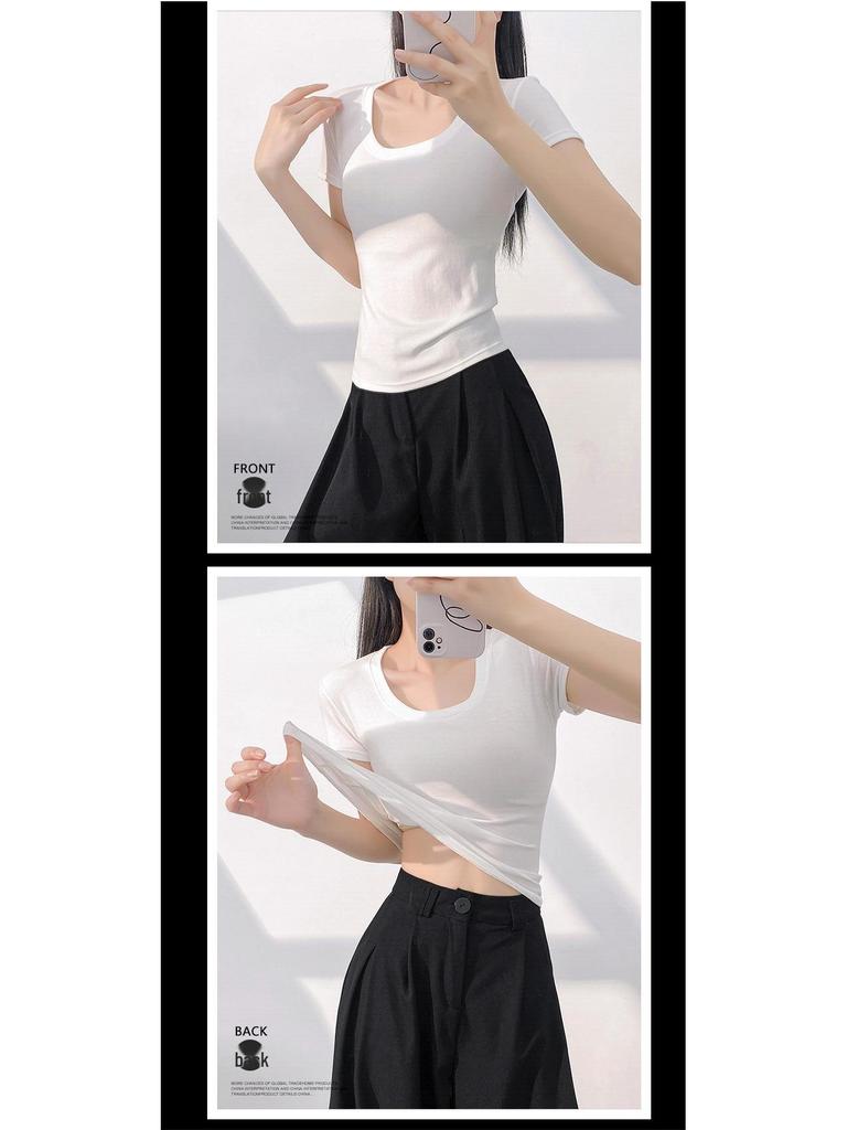 Women's Summer Slim Fit Pink U-Neck T-Shirt - Versatile & Stylish Short Sleeve Top