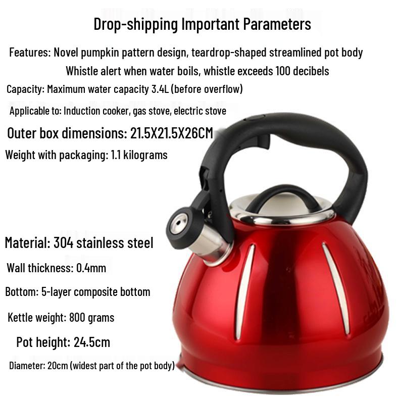 3L Pumpkin Pattern Stainless Steel Whistling Kettle for Household Stoves and Induction Cookers