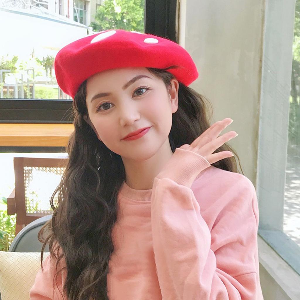 Embroidery Mushroom Beret Hat for Women Breathable Soft Wool Dome Hat Cool Joke Girl Painter Hat Winter Warm Headwear
