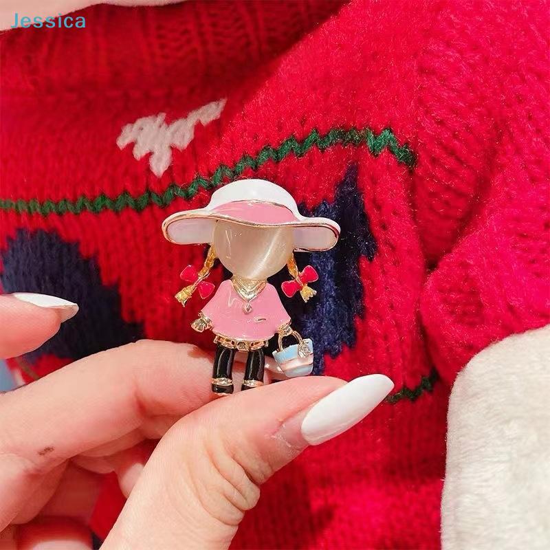 Pink Enamel Little Girl With Bag Brooch-Pearl Accent & Rhinestone Fashion Pin,Mini Figurine Jewelry for Coat,Bag & Daily Decor