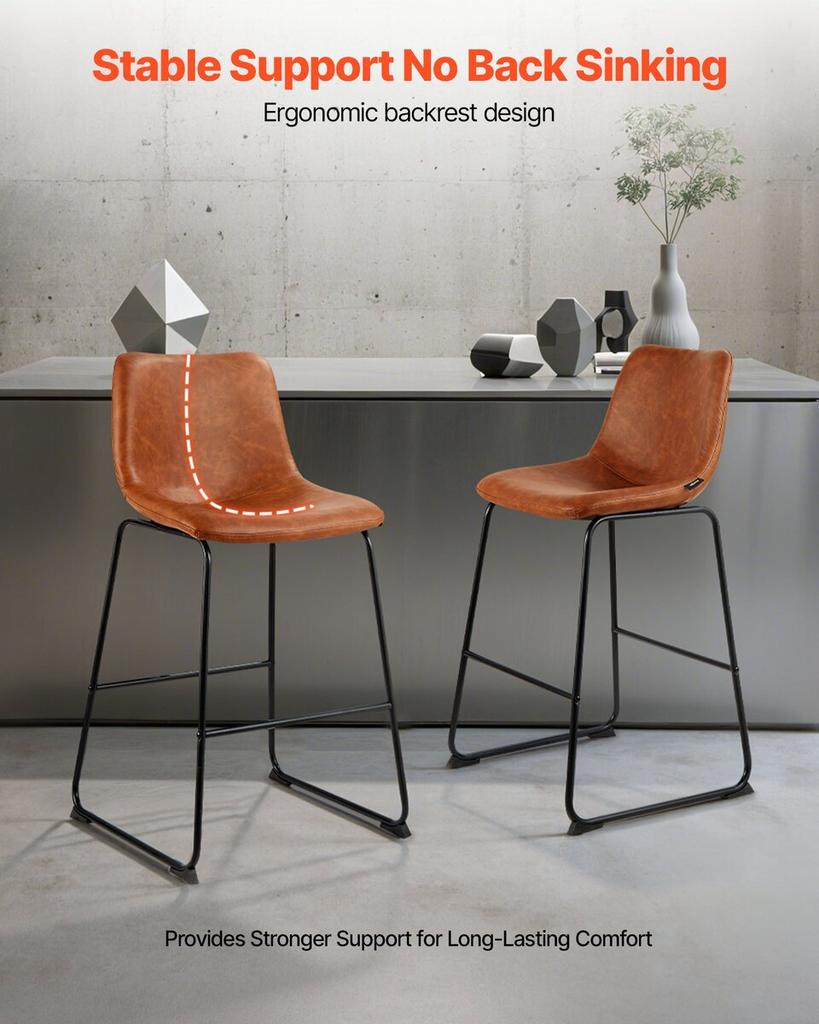 Bar Stool Set of 4, 65cm Counter Height Stools, Modern PU Leather Counter Barstool with Backrest, Metal Legs, Easy Assembly Armless Bar Chair, Island