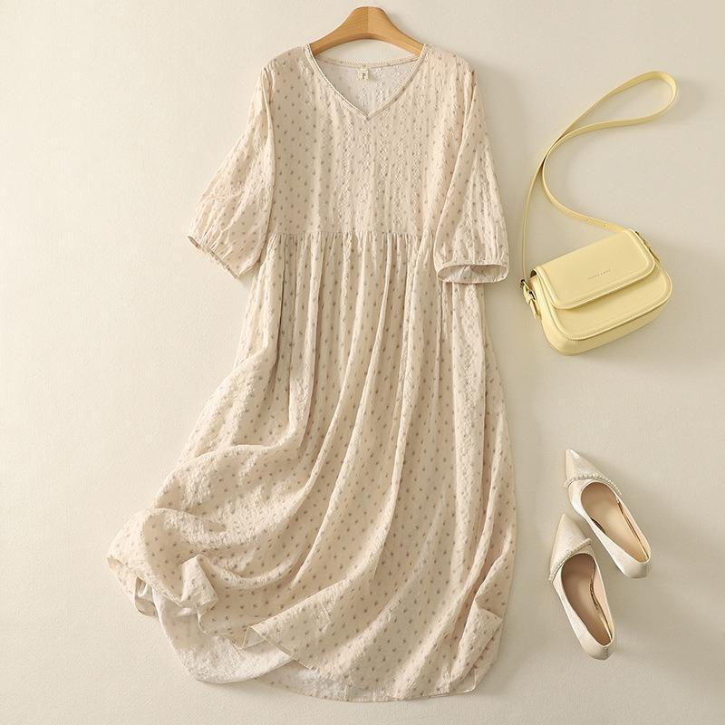 Real Spring and Summer New Cotton and Linen Literary and Retro Loose V-neck Japanese and Korean Travel Dress Women's Clothing