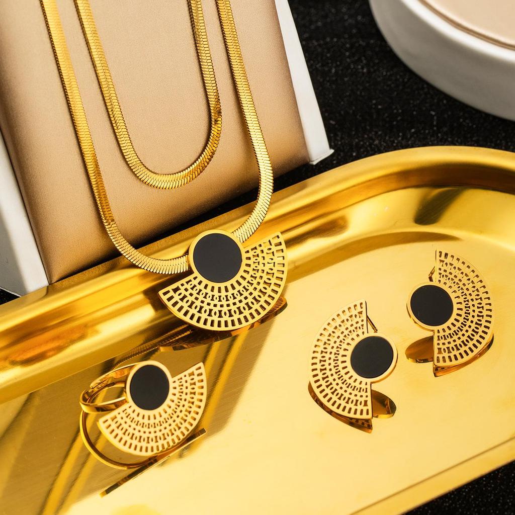 Stainless Steel Women's Jewelry Set: Non-Fading Necklace, Earrings, and Ring - Trendy Fashion Accessories