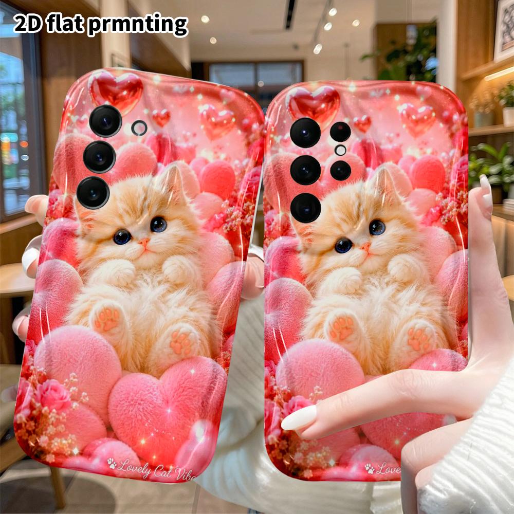 Phone Case: 2D Flat Samsung Galaxy A34 A35 M05 M06 S20 S22 S21 FE Plus 5G Case, Light Orange Kitty with Heart, Christmas Halloween Gift