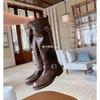 Grape Mother Has the Same Style, and Her Legs Are Fine Out of the Street~ Cowhide Pointed Round Head Fashionable Belt Buckle Medium Thick Heel Boots 