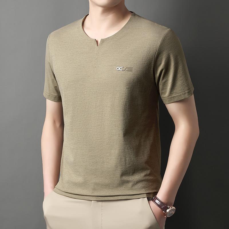 Men Ice Silk Short Sleeve Trend T Shirt V Neck Summer Casual Fashion Top
