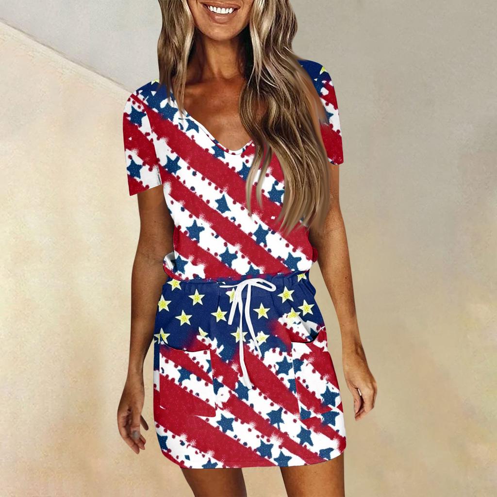 Women's Fashion Summer Independence Day Printed Short Sleeve Pocket V-Neck Dress