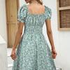2026 Floral Print A-Line Dress With V-Neck Puff Sleeve Waist Smocking Elegant Womens Long