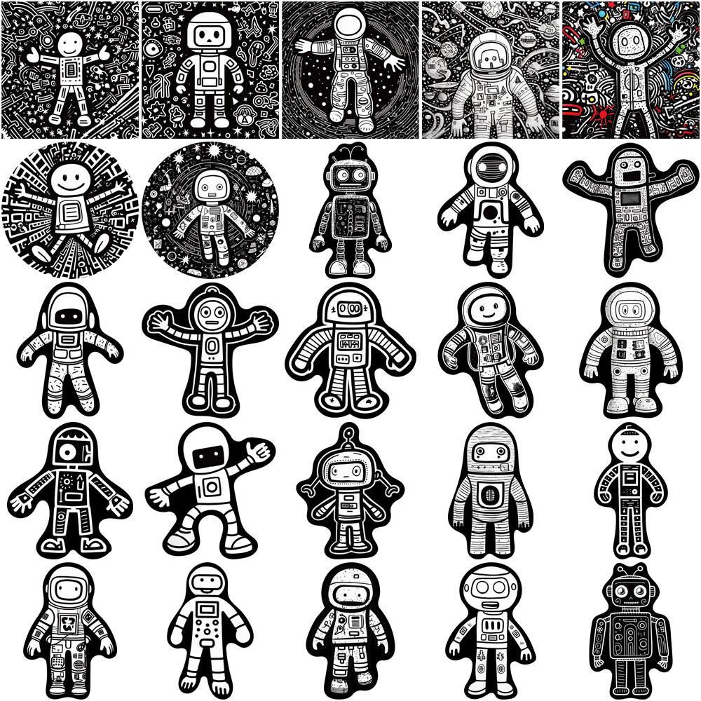 50-Piece Minimalist Black & White Astronaut Robot Stickers - Graffiti-Style Decor for Luggage, Water Bottles Laptops Phone Cases