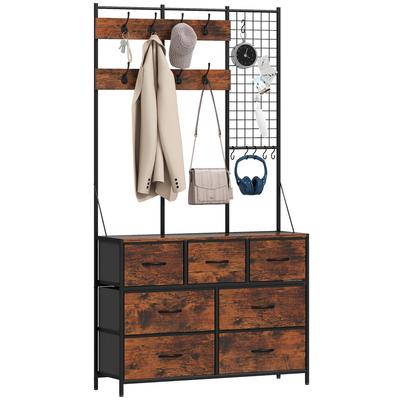 4-in-1 Flurmöbel, Garderobe, Garderobenschrank mit 7 Stoffschubladen und 14 Haken, 100 x 30 x 183 cm, rustikales Braun