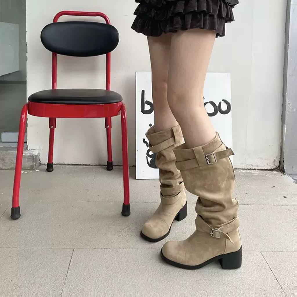Cowhide version pleated stacked fashion boots women's thick heel thin versatile suede boots western boots tall knight boots