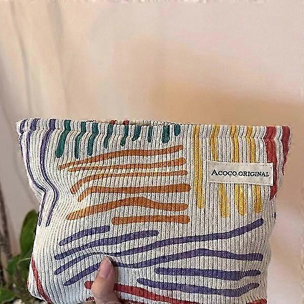 Colorful Stripes Corduroy Cosmetic Bag Portable Travel Aesthetic - Makeup Organizer Pouch