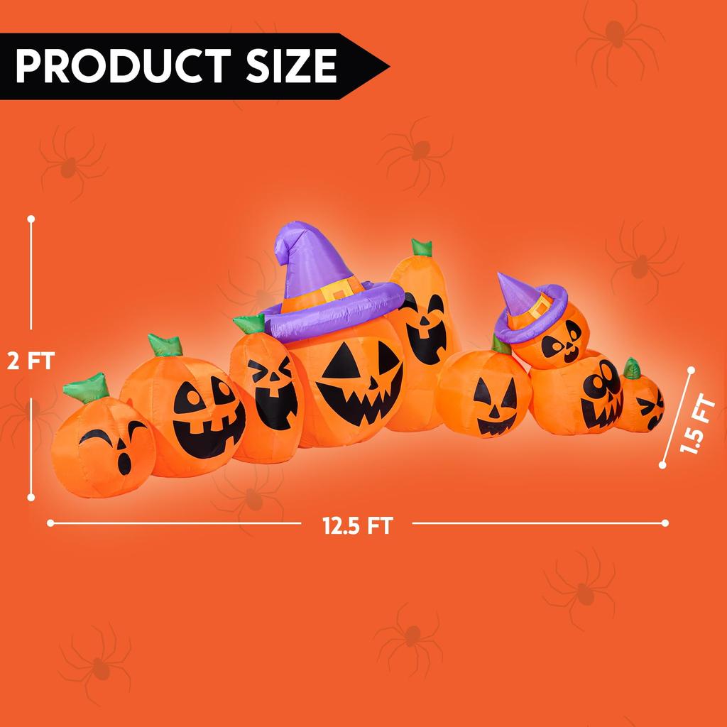 Joyfy 12.5 FT Halloween Inflatable Long Pumpkin with Witch Hat Decorations Inflatables with Build-in LEDs for Halloween Decor