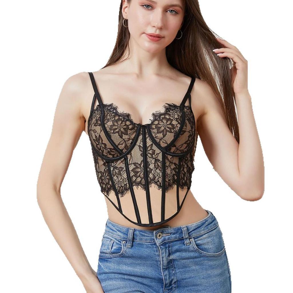 European and American French Style Sexy Color Block Lace Vest Slimming Back Camisole Corset for Women