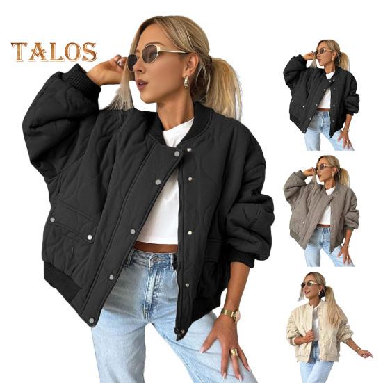 Women Fall Winter Coat Press Button Closure Long Sleeves with Pockets Loose Round Neck Daily Jacket Solid Color Outerwear for School Travel