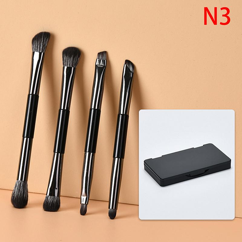 4Pcs Double Head Eyeshadow Brush Set With Dry Clean Sponge And Mirror Multifunction Concealer Highlight Eyeliner Travel Portable