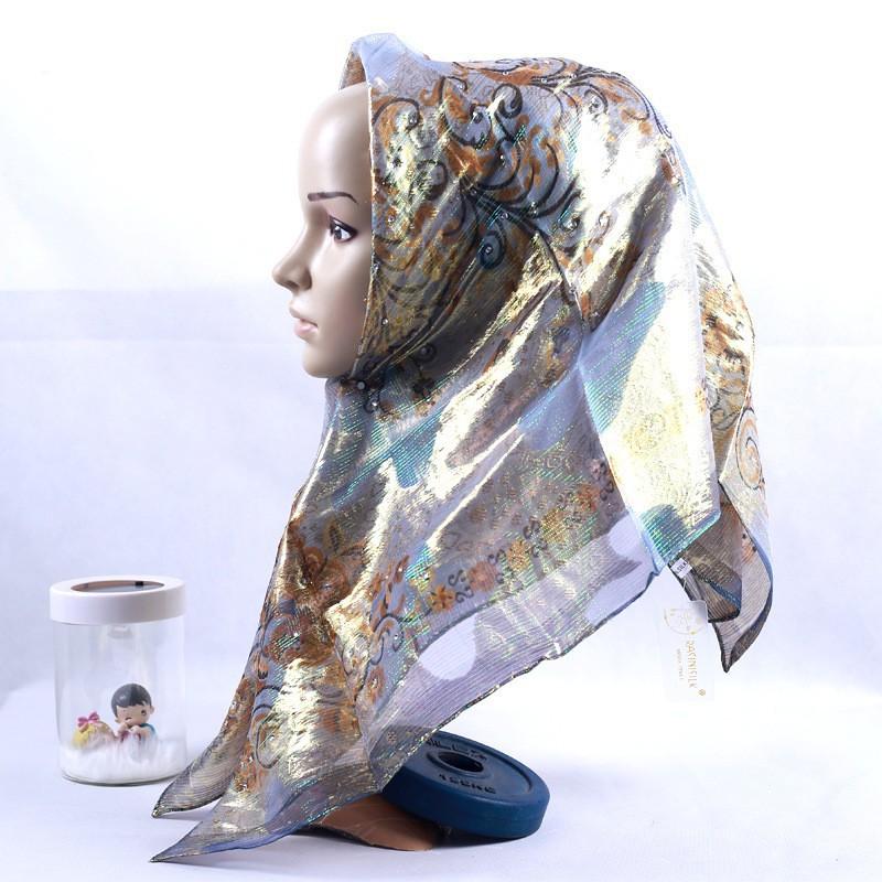 Silk Square Scarf Women Floral Print Embellished Rhinestone Cutwork Woven Headwrap Lightweight Accessory Street Style
